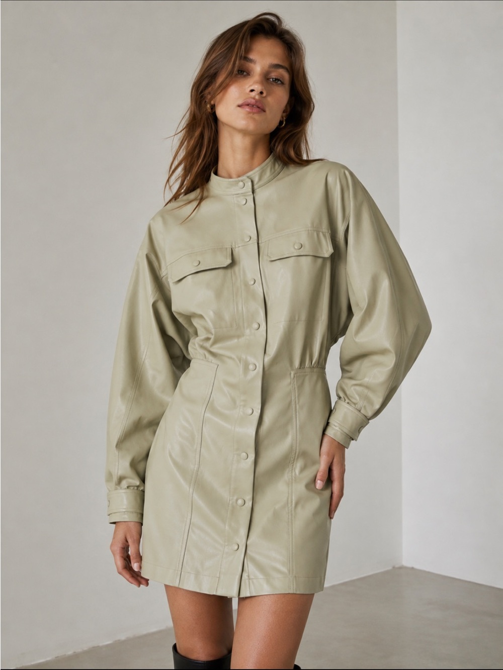 Zara NWT 🔥 Sage Green Faux Leather Utility Mini Dress